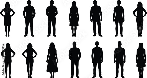 Human silhouette flat vector illustration featuring twelve diverse standing body shapes and postures, demographic design art, black-and-white drawing