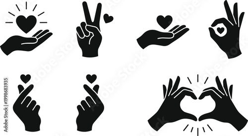 Love hand gesture silhouette vector illustration set, icons with hearts and expressive poses representing care, affection, romance and positivity theme - flat vector illustration