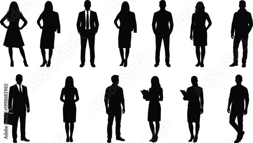 Professional human silhouette flat vector illustration featuring twelve diverse business postures and attire, corporate design art, black-and-white drawing