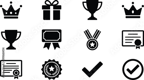 Achievement reward icons collection, crown trophy medal certificate badge gift check mark vector illustration, success recognition artwork design graphic - black and white flat vector illustration