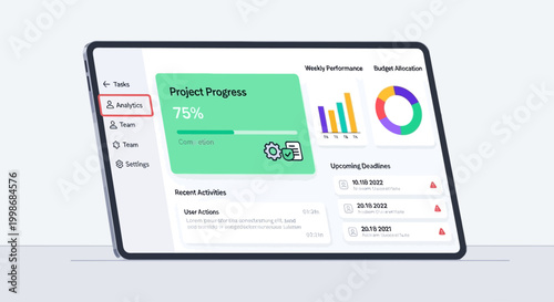 Digital tablet displaying project management dashboard with progress charts and tasks.