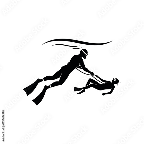 Two divers swimming underwater connected by a rope.