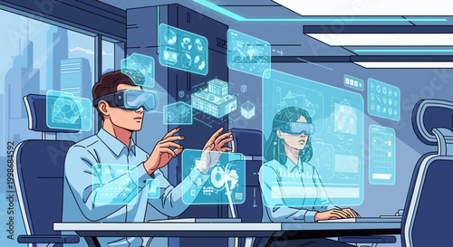 Business professionals using virtual reality technology for data analysis in modern office.