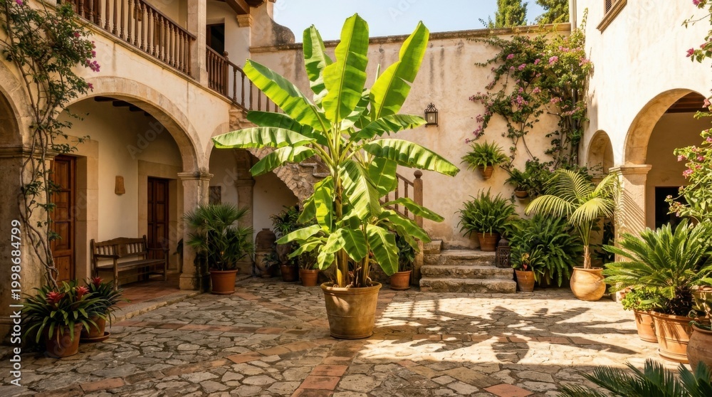 Fototapeta premium Courtyard Oasis - Lush Greenery and Architectural Harmony.