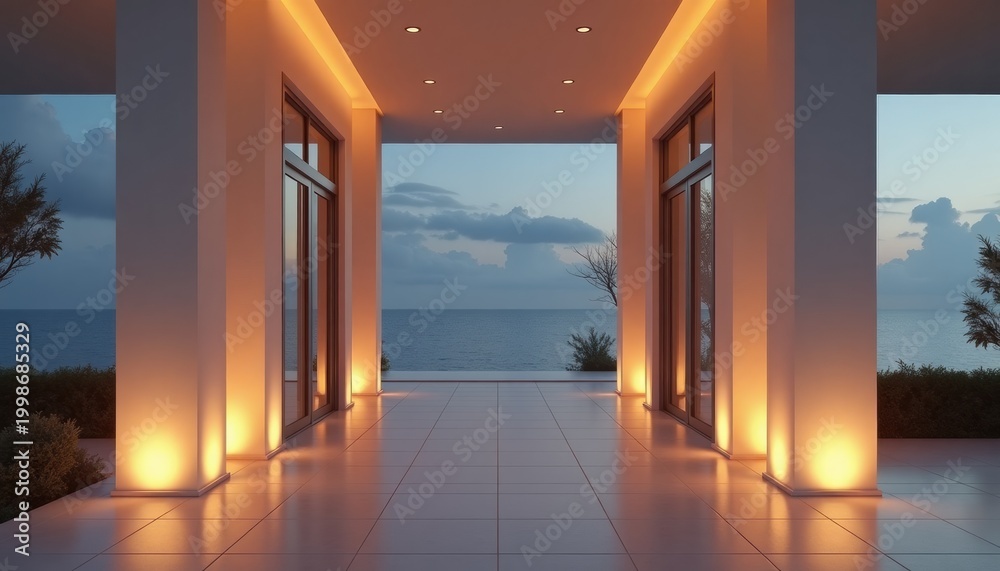 Fototapeta premium Modern open corridor with ocean view and copy space