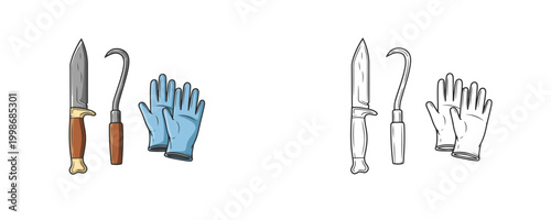 Hunting field dressing kit illustrations in flat color and line styles with knife hook gloves and wipes for animal processing on white background