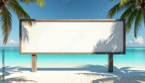 Empty billboard with copy space on tropical beach under palm trees