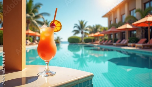 Refreshing tropical cocktail by sunny resort pool with copy space