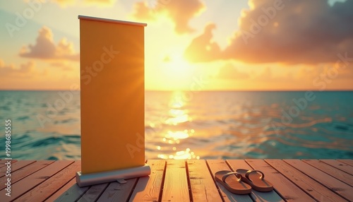 Blank Banner with Sunset Over Ocean and Wooden Deck Copy Space