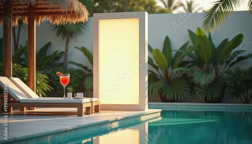 Blank vertical billboard with copy space by poolside in tropical resort
