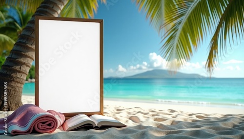 Tropical beach scene with blank wooden frame and copy space