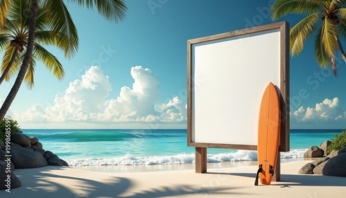 Beach scene with blank signboard and surfboard with copy space