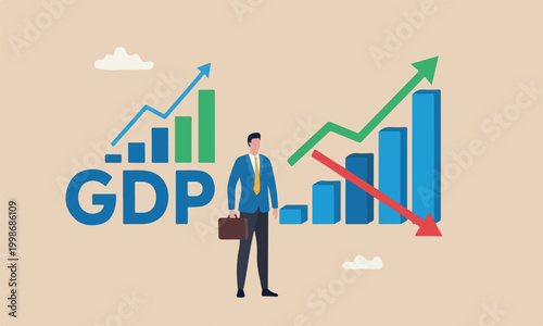GDP bigger one fall country revenue growth, stock market profit value, annual percentage value report concept, businessman stand with GDP word and growing graph and chart