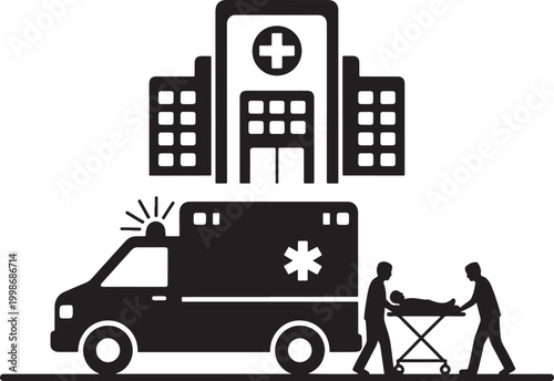 Ambulance and hospital with emergency patient transport silhouette