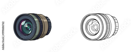 Digital camera optical lens illustrations in flat color and line styles with glass reflections for nature and wildlife photography on white background