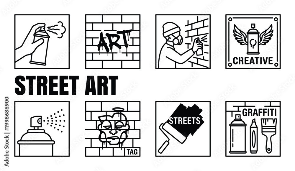 Fototapeta premium Street art icons spray paint brick wall artist graffiti tags creative symbol collection flat design outline.