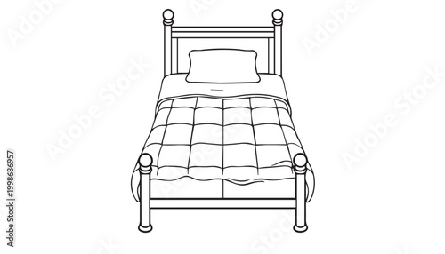 Single bed with pillow and comforter line drawing twin bed line art black and white furniture comforter mattress headboard footboard interior