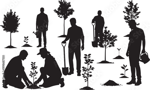 Silhouettes of people planting young trees and gardening