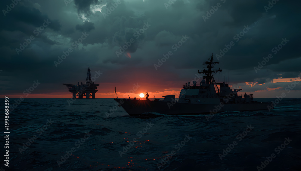 Obraz premium Navy Ship Patrols Ocean at Sunset