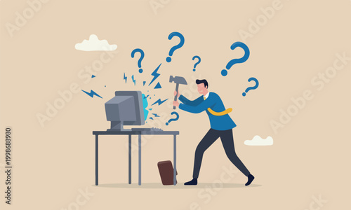 chaos failure, stressful or anxiety from overworked or disappointment and mistake concept, frustrated businessman hitting to break computer with hammer