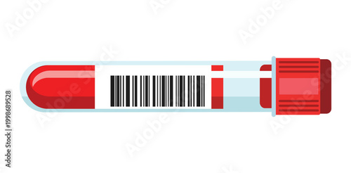 Medical blood test tube with barcode label showing laboratory sample, healthcare diagnostics, analysis, research, hospital testing, biotechnology and clinical examination concept