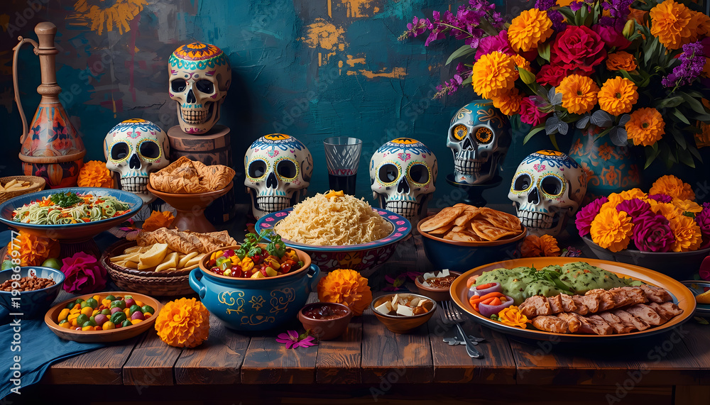 Fototapeta premium Mexican traditional food on the table. Authentic Mexican cuisine with bright dishes. Concept of cultural celebration, culinary, festive meal, feast, Day of the Dead, Dia de, created with generative ai