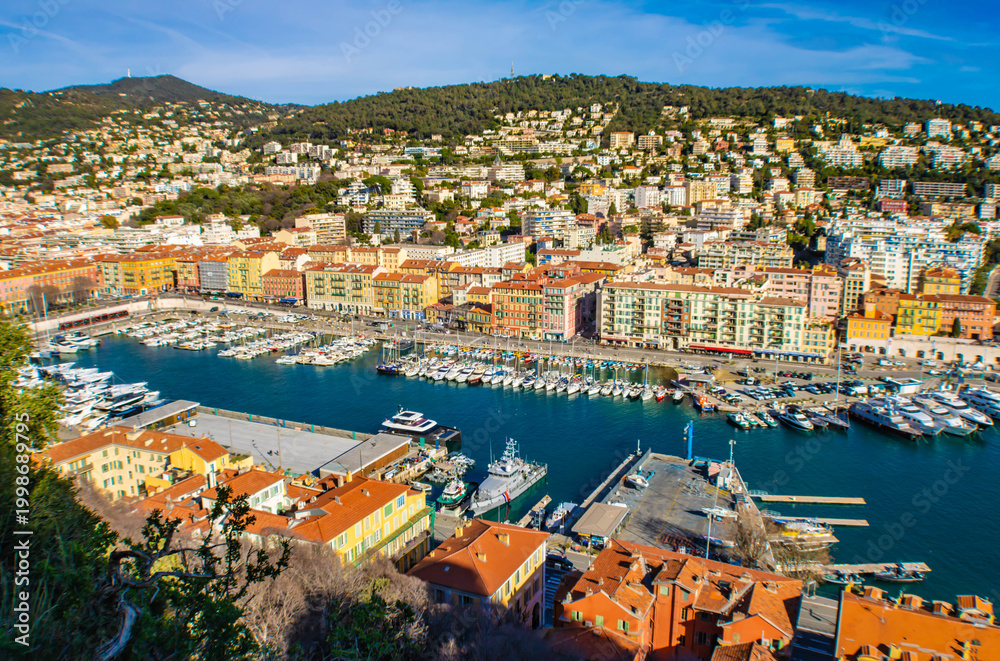 Fototapeta premium Aerial view of Old Port Lympia from theCastle Hill in Nice on the French Riviera, France
