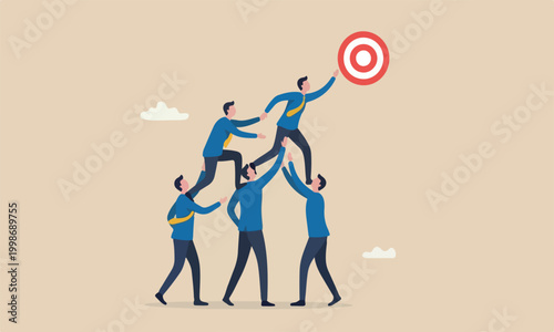 Teamwork meeting teams together success in job concept, businessman holding hand helping team colleagues climbing to reach business goal.