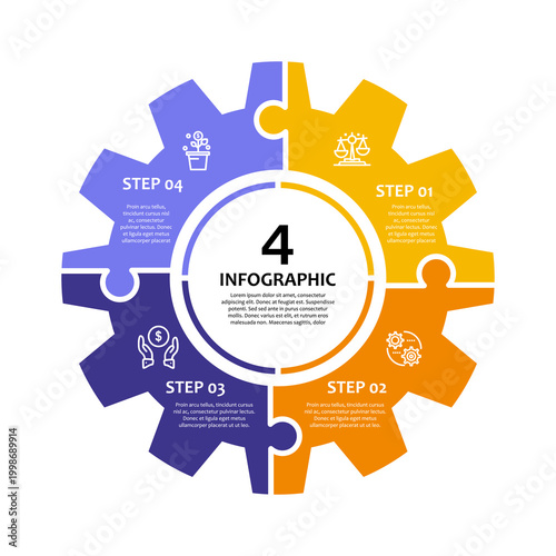 Infographic vector circle gear puzzle with 4 process options for presentations and reports. Infographic 4 circles. Vector editable.