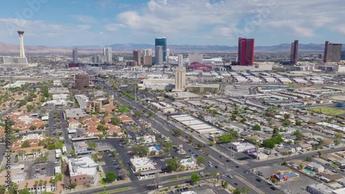 Aerial drone pullback shot of Las Vegas Strip hotels and downtown Vegas skyline