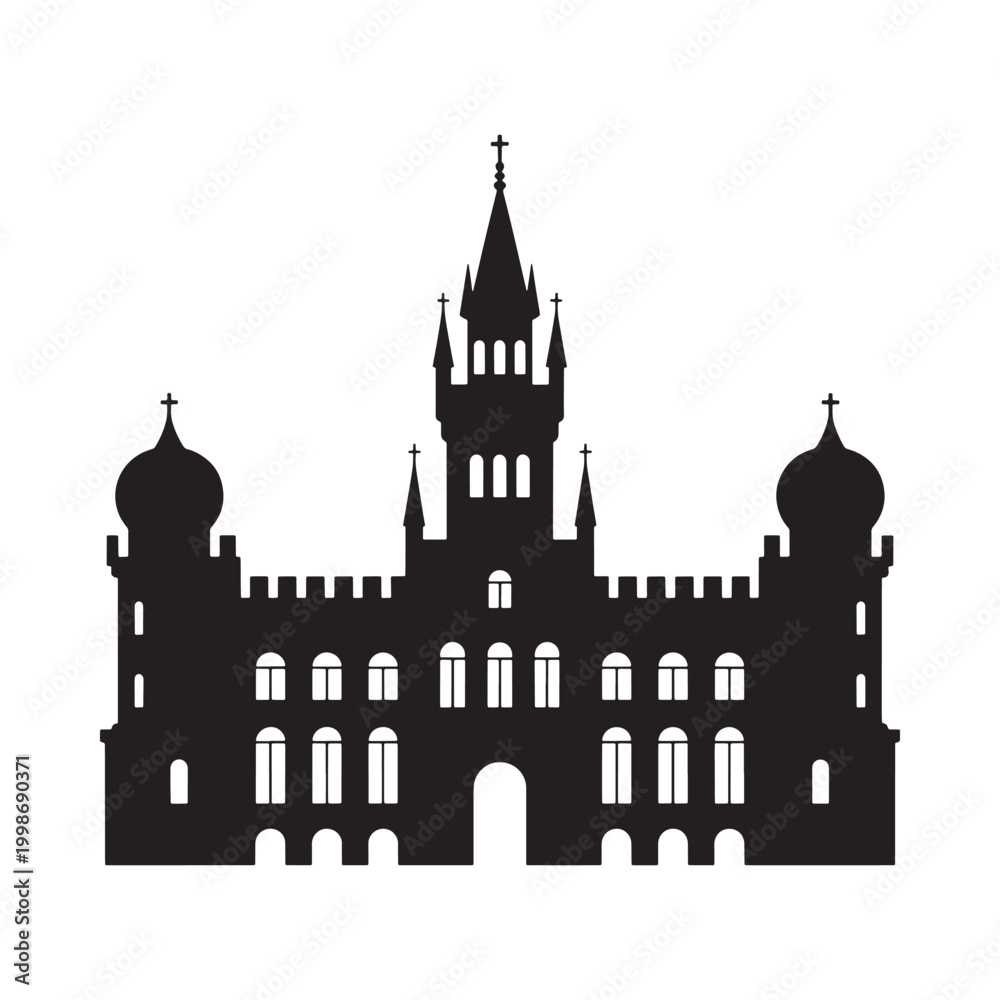 Fototapeta premium Castle Silhouette Black Gothic Architecture on White Background