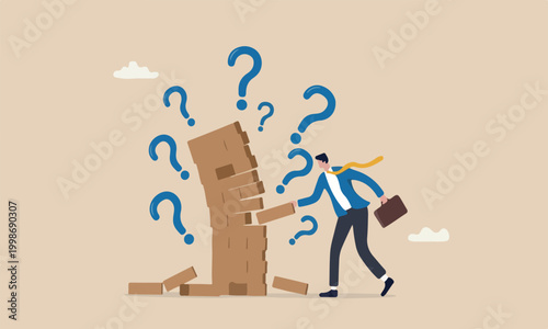 Investmen instability and uncertainty concept, businessman pulling wooden block from collapsing stack