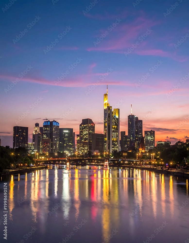 Fototapeta premium City skyline at sunset by water.