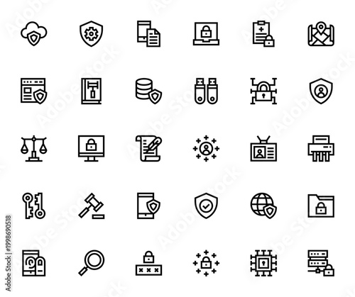 GDPR Compliance Icon Set. Vector symbols for data protection, privacy, security, law and digital safety. Includes cloud, shield, document, encryption, padlock and more.