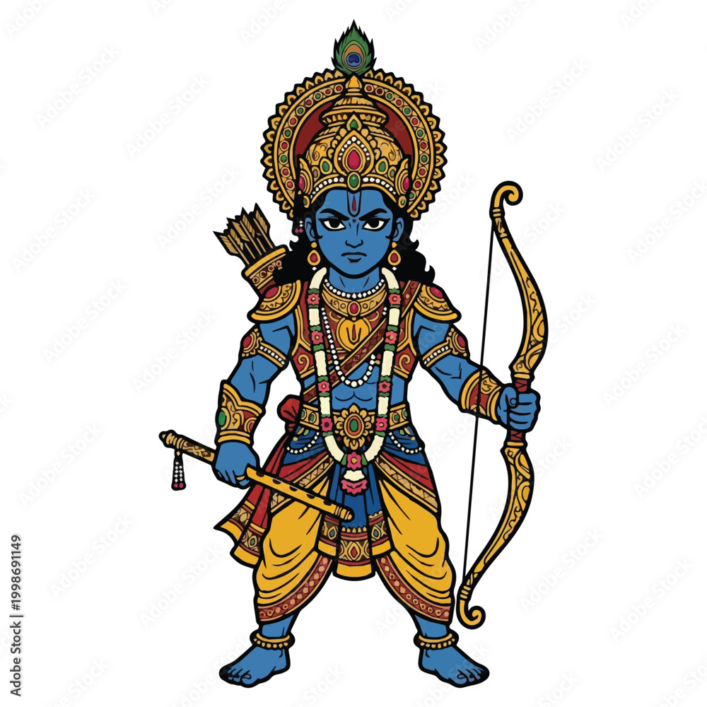 Obraz premium Vibrant cartoon depiction of a powerful mythological archer from ancient Indian folklore, resplendent in gold and blue, symbolizing heroic virtue and righteousness