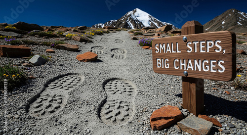 Inspirational mountain hiking trail with footprints, wooden sign reading Small Steps Big Changes, motivational path to success concept