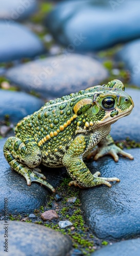 Green Toad Perched on Blue Stone Surface Outdoors.