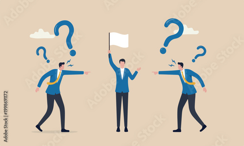 Stop argument compromise and negotiation, surrender defer confrontation and politics concept, businessman hand argue pointing each other with one surrender by small white flag