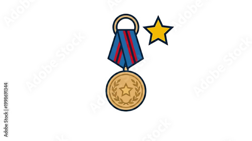 Award Medal With Ribbon and Star Emblem.