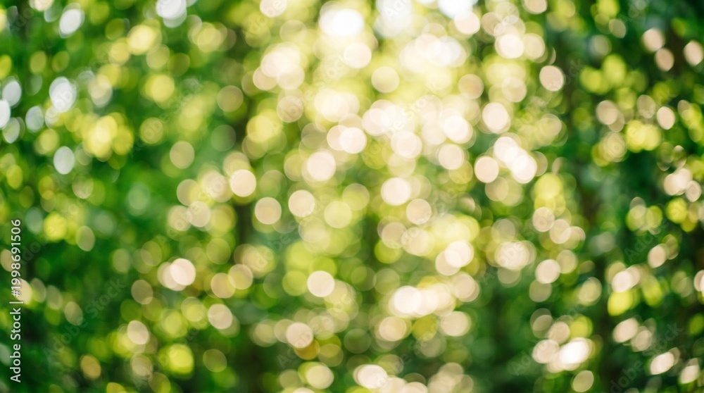 Fototapeta premium Vibrant green foliage shimmering with warm sunlight creating a dreamy, soft-focus bokeh effect in a peaceful natural setting, evoking tranquility