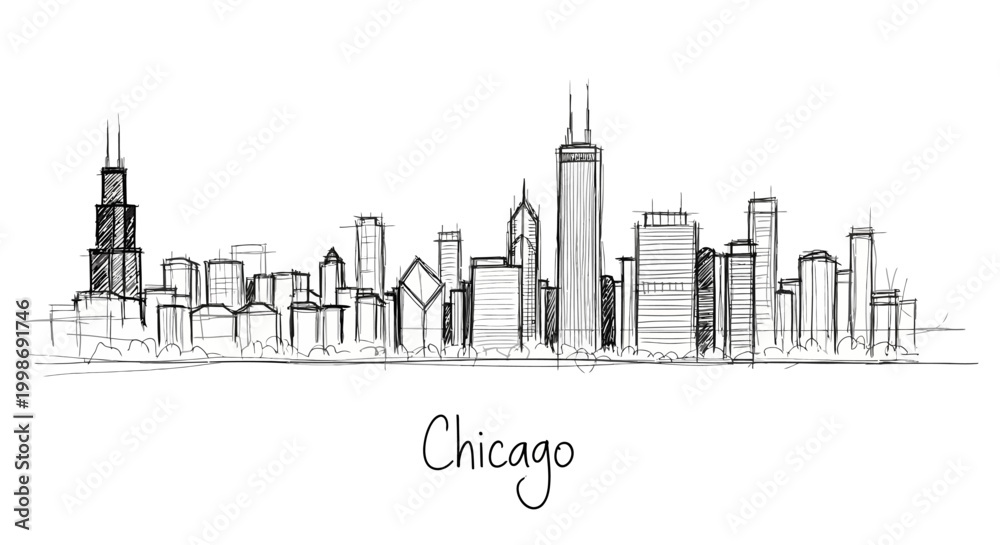 Obraz premium Minimalist hand-drawn sketch of Chicago skyline illustrating iconic skyscrapers and cityscape with artistic style