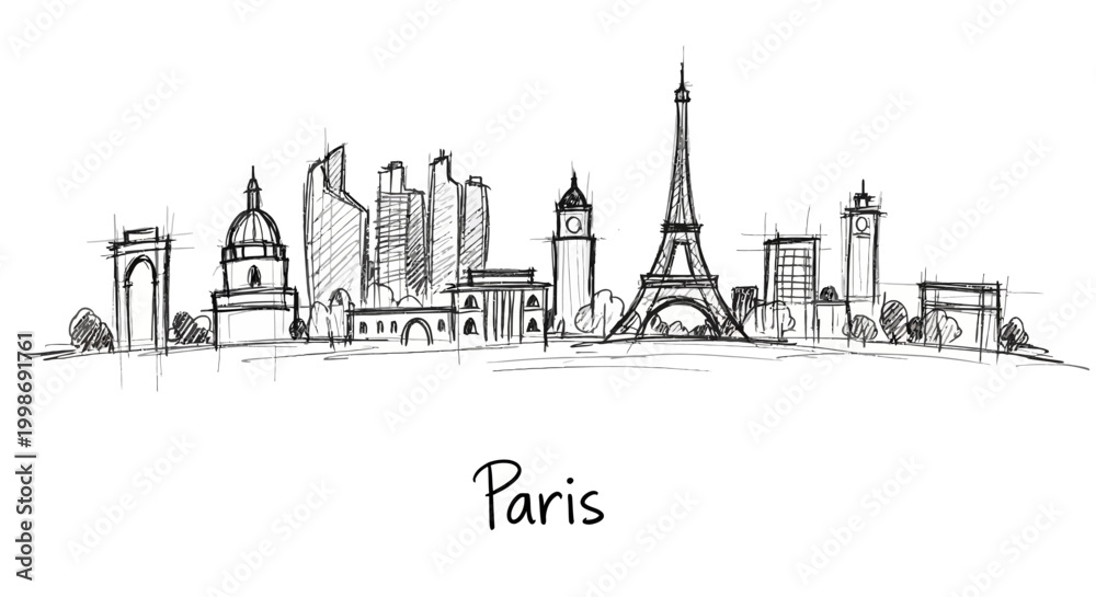 Fototapeta premium Minimalist Sketched Illustration of Paris City Skyline Featuring Iconic Landmarks and Urban Skyline Representation