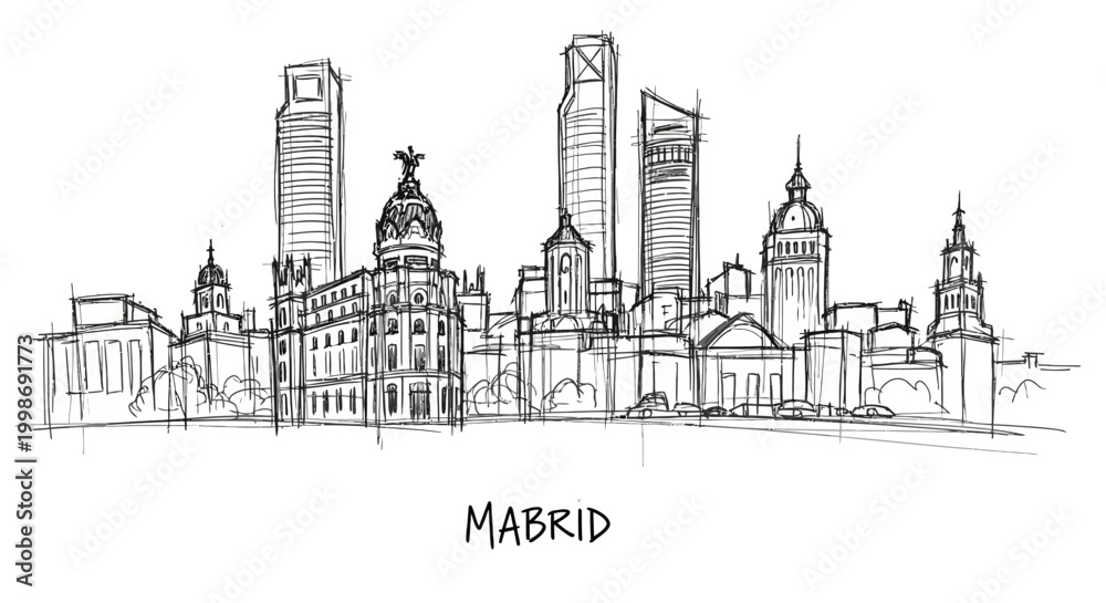 Fototapeta premium Sketch of Madrid's Skylines Featuring Iconic Historic and Modern Architecture in Minimal Line Art Style