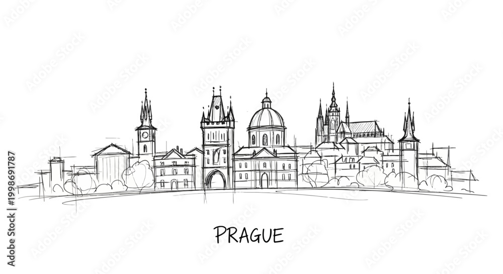 Fototapeta premium Elegant hand-drawn sketch of Prague's historic skyline featuring iconic landmarks and architectural diversity emphasizing city