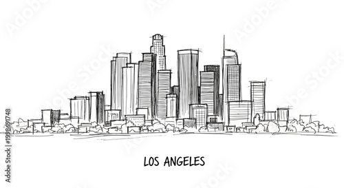 Minimalist Line Drawing of the Los Angeles Downtown Skylines with Tall Buildings and Urban Landscape