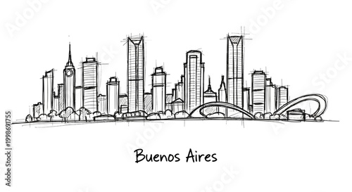 Minimalistic Sketch Map of Buenos Aires Skyline Featuring Tall Buildings and Unique Urban Landmarks in a Clean Line Art Style