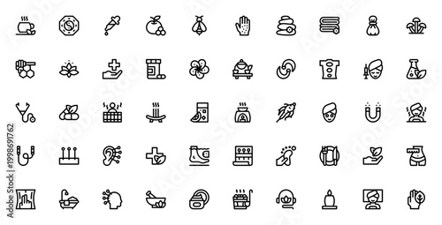 Alternative Medicine icon set. Vector illustrations of acupuncture, herbs, aromatherapy, yoga, massage, natural therapy and holistic healing symbols.