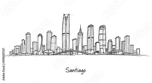 Artistic Sketch of a Modern City Skyline with Tall Skyscrapers and Architectural Details