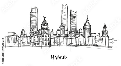 Sketch of Madrid's Skylines Featuring Iconic Historic and Modern Architecture in Minimal Line Art Style