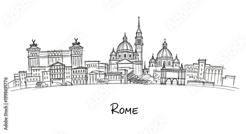 Intricate sketch of historic Rome skyline featuring iconic domes and architectural landmarks capturing timeless city elegance